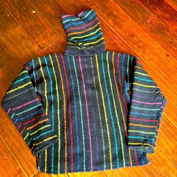 La Malinche rainbow and black striped hoodie drawstring hood pouch front bright - Picture 3 of 10